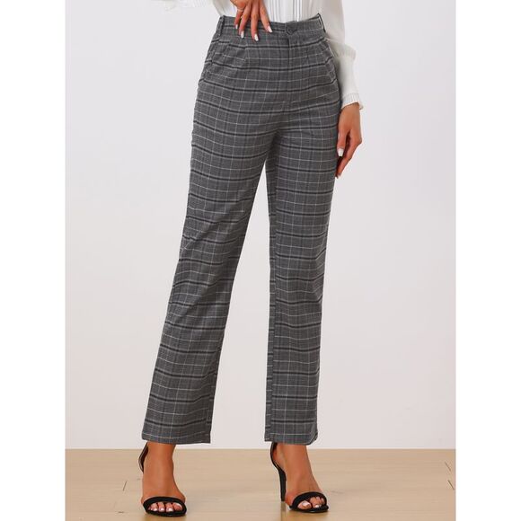 Plaid Pants Elastic Waist Casual Work Office Long Trousers Dark Grey Black - Picture 2 of 5